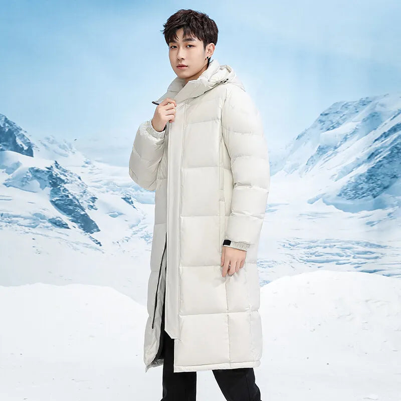 Casual Men's Long-Length Hooded Down Jackets Winter Windproof Warm Top Puffer Coats Outdoor Solid Thicken Padded Parkas Clothing