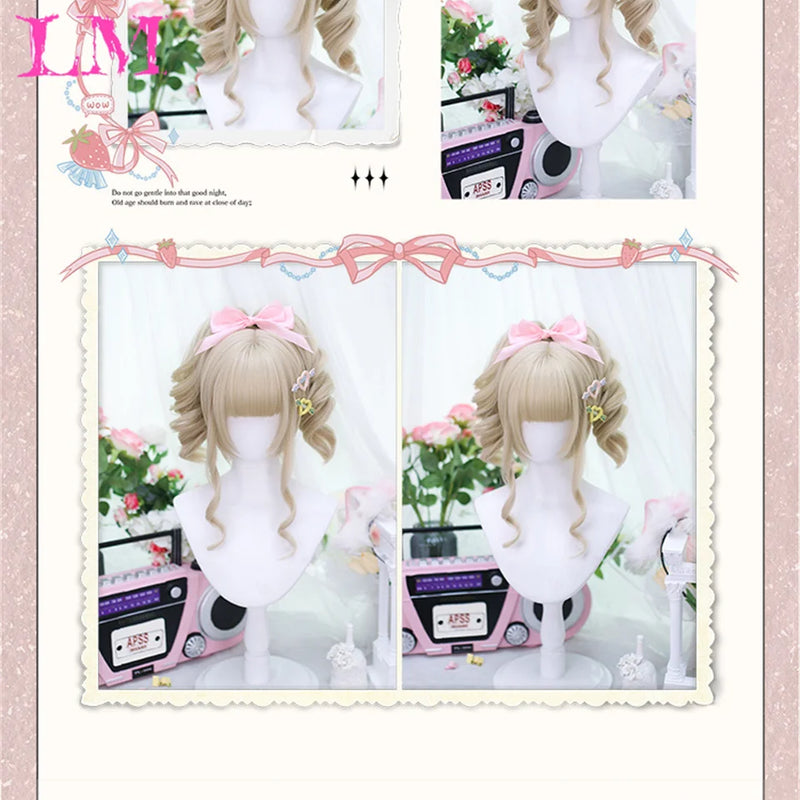 LM Medium Length Pink Cosplay Wig Heat Resistant Costume Party Synthetic Wigs 2 Clip On Ponytail 7 Colors