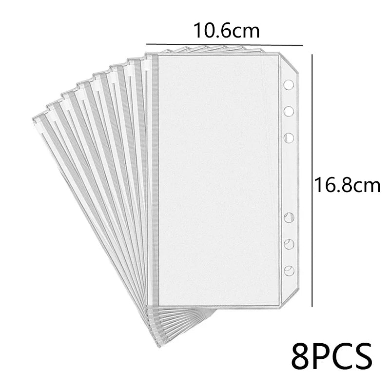 ♥8Pcs Clear A5 A6 A7 Binder Pockets Clear Zipper Folders For 6-Ring Notebook Binder Files Reports Binder