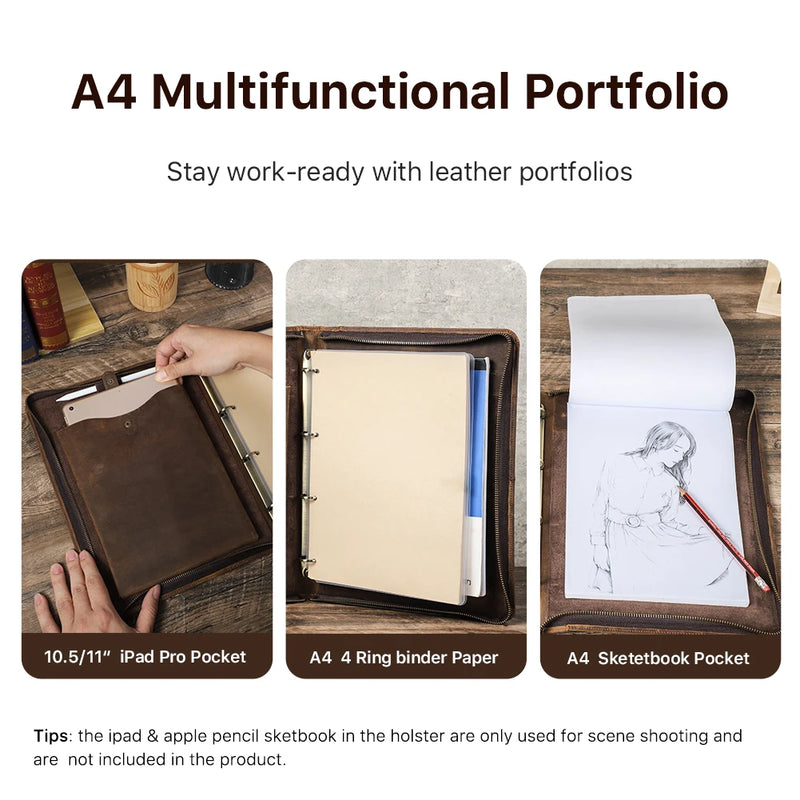 Luxury Retro A4 Cowhide Business Leather Portfolio with 4 Ring Binder Sketchbook Paper Pen Holder Ipad 11 pro Zipper Travel Case