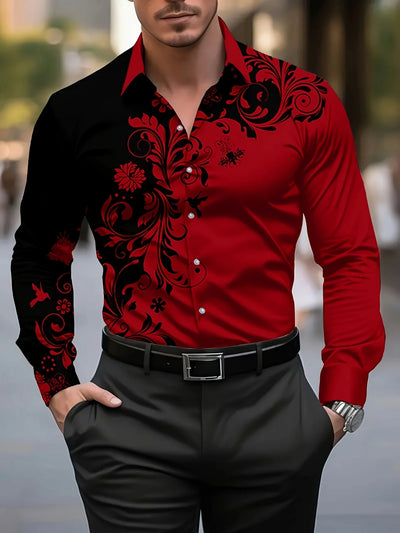 Men'S Stylish Red Floral Print Dress Shirt - Casual Long | SAMAG