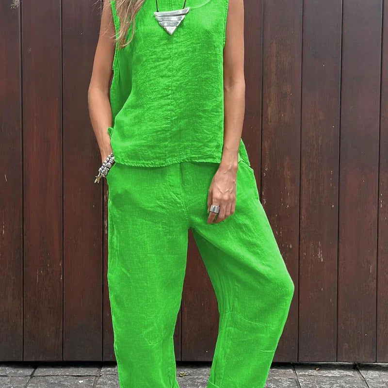 Summer Cotton And Linen Casual Outfits Female Fashion Solid Color Two-piece Set For Women Sleeveless Top Trousers Women's Suit