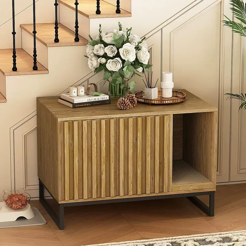 Modern Cat Box Enclosure Furniture Hidden Box with Scratch Pad Entryway Bench End Table Pet Bed for Cats