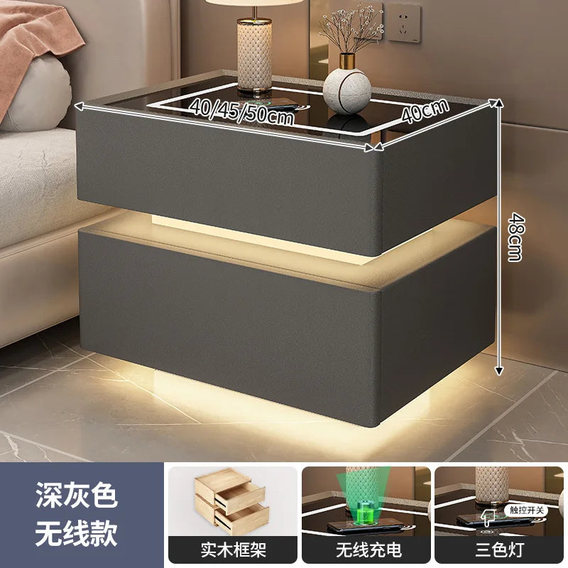 Modern Style Solid Wood Bedside Table with Wireless Charging Smart 2 Drawers Bedroom Nightstands with Lock 40/45/50cm