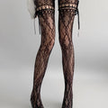 New Gothic Hollowed Lace Tie Fishnet Suspender Socks for Women Sexy Slim Nylon Mesh Thigh High Stockings White Tights Pantyhose