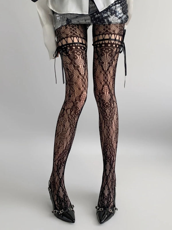 New Gothic Hollowed Lace Tie Fishnet Suspender Socks for Women Sexy Slim Nylon Mesh Thigh High Stockings White Tights Pantyhose