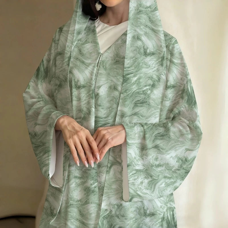 Horetong Muslim Abaya Robe Women Marble Print Chiffon V | SAMAG