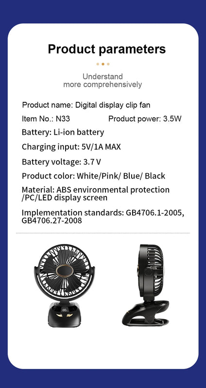 Portable Desktop Wireless Clip-on Electric Fan 2000mAh Battery Outdoor Travel Portable Electric Mini Fan for Baby Stroller Cart