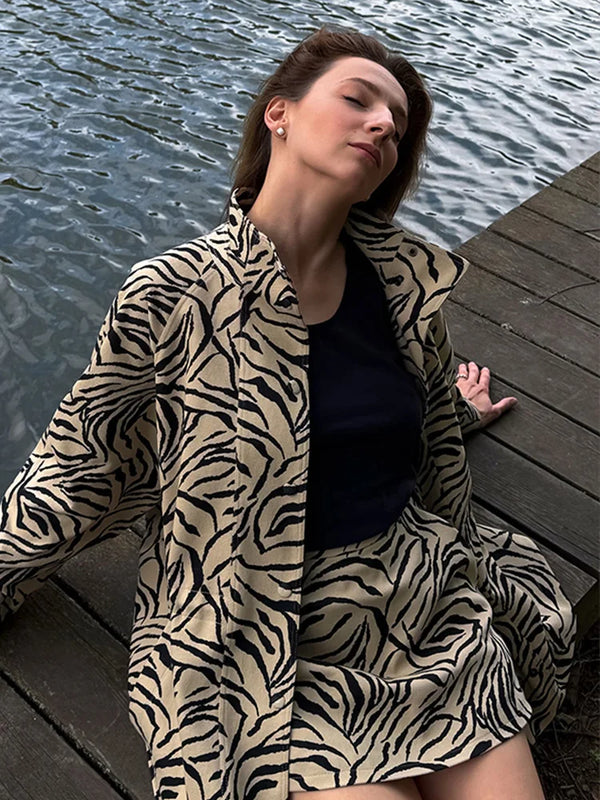Women Zebra Print Two Piece Set Lapel Collar Elastic Waist Short Sleeve Coat Loose Shorts 2026 Spring Autumn Fashion Casual Suit