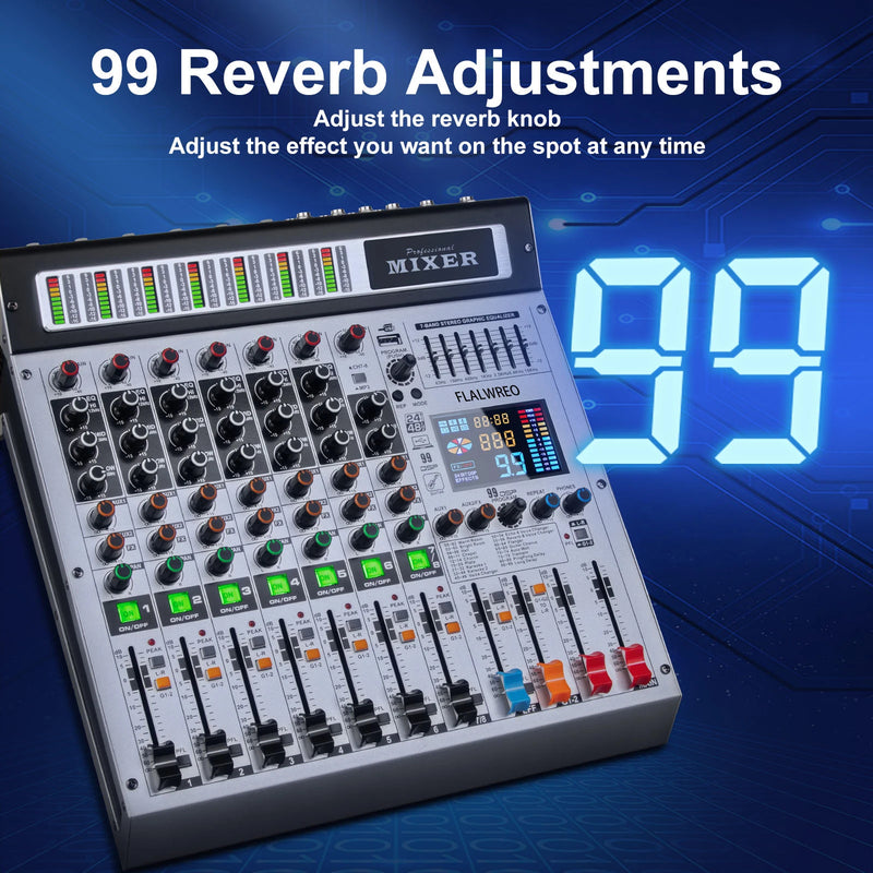 FLALWREO 8 / 12Channel Audio Interfacer DJ Mixer Sound Board 99-Bit DSP Effect USB Audio Mixer Effects +48V Phantom Bluetooth fo