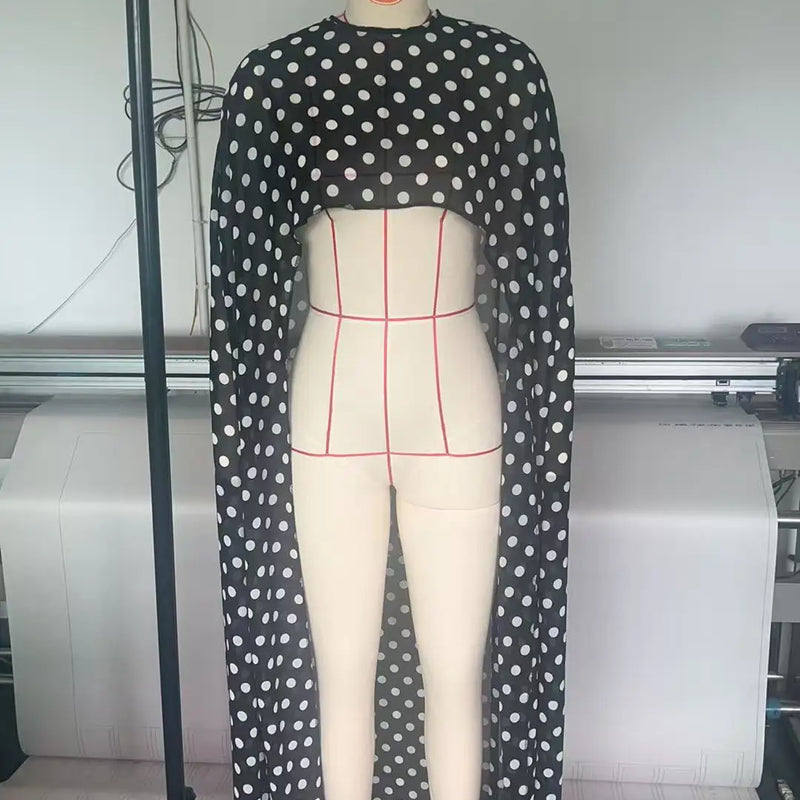 Summer Cover-ups Women's High-Low Polka Dot Solid Color Sheer Cover-ups Holiday O-Neck Cape Blouse Lady Jacket Long Party Tops