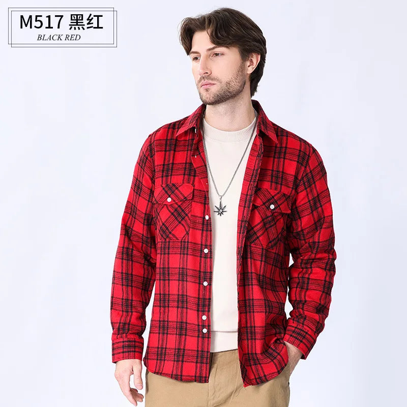 American size men's long-sleeved shirt autumn and winter flannel coat plaid casual non-ironing large size with pockets