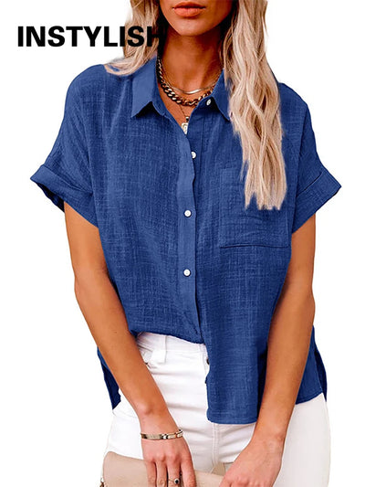 Casual Solid Short Sleeve Cotton Linen Loose Blouse | SAMAG