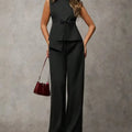 Women's Black Two Piece Set Sleeveless Round Neck Tie Asymmetric Hem Top Wide Leg Pants Set Spring Summer Office Elegant Outfit