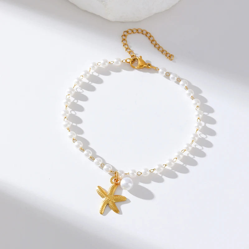 GANPUP 316L Stainless Steel Delicate Pearl Starfish Charms Bracelet For Women Texture Waterproof Wrist - Visuel 8 | SAMAG