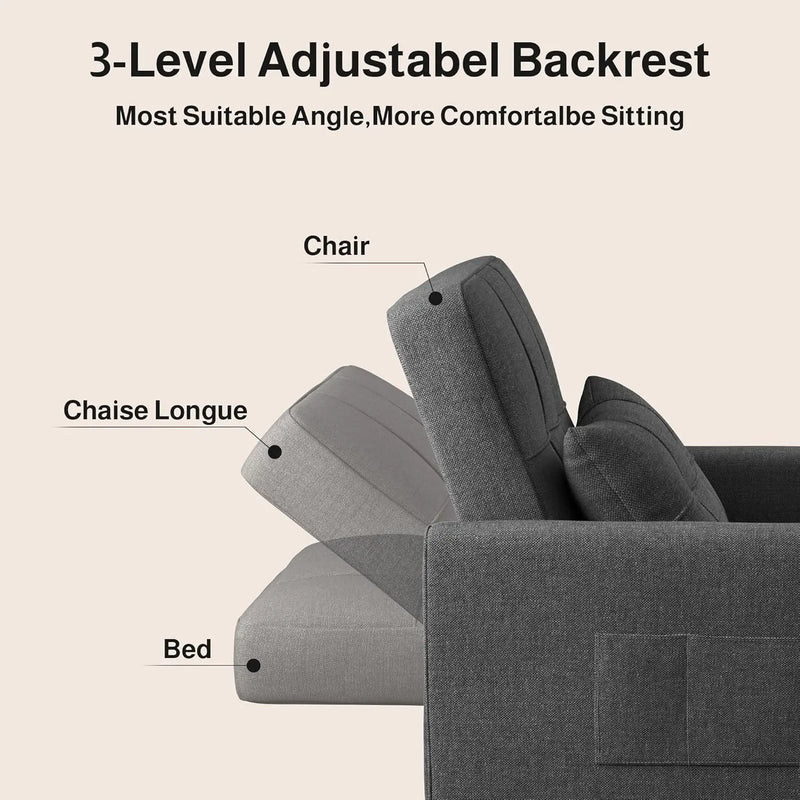 Convertible Sleeper Sofa Bed 3-in-1 Adjustable Linen Fabric Small Space Grey Customized
