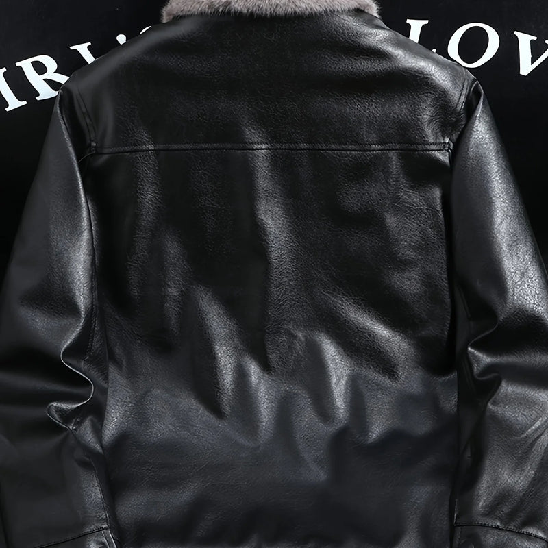 Men's Autumn and Winter Black Gold Graphene Lined Camel Hair Warm Fur Collar Pu Leather Jacket