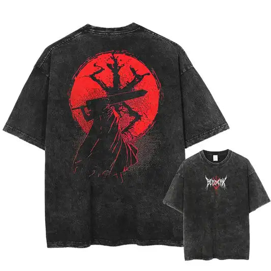 Japanese Anime Berserk Retro Washed T-shirt Men and Women New Summer Harajuku Clothing Casual Round Neck Short Sleeved Top