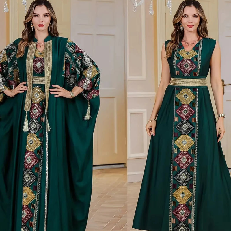 Eid Muslim 2 Piece Set Women Embroidery Dresses Open Abaya Suit Jalabiya Ramadan Dubai Kaftan Party Vestidos Cardigan Robe 2025