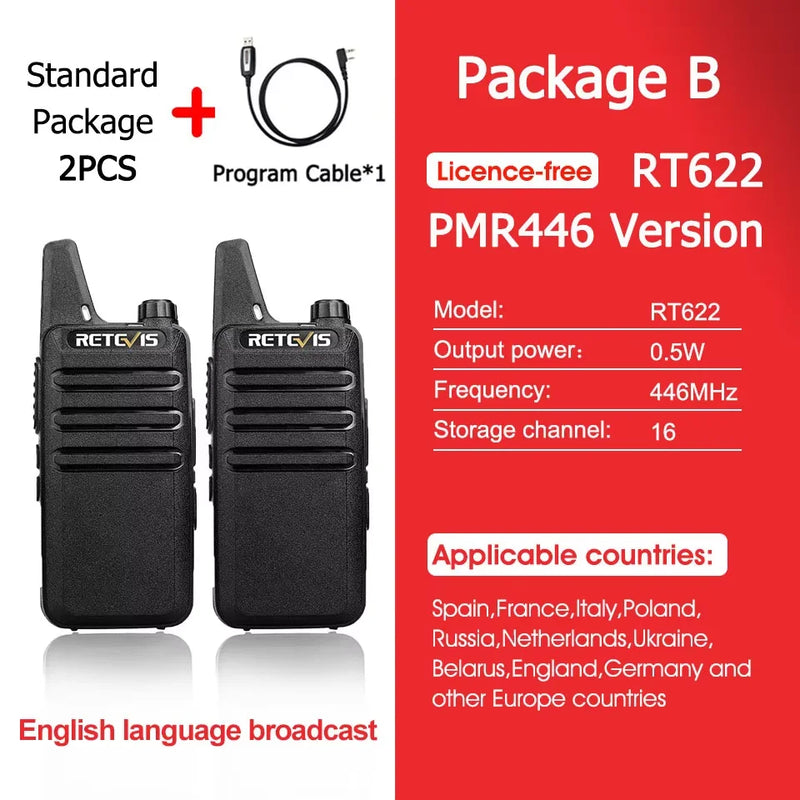 Retevis RT622 Mini Walkie Talkie 2pcs PMR446 Portable Two-way Radio PTT Walkie talkies Communication Radio for Restaurant Hotel