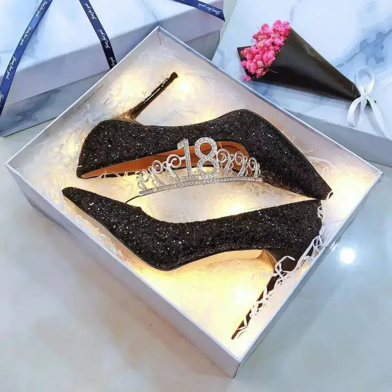 2024 Fashion Spring New Autumn Woman 9CM/7CM High Heels Silver Wedding Shoes Stiletto Pointed Toe Slip-on PU Bling Luxury Ladies