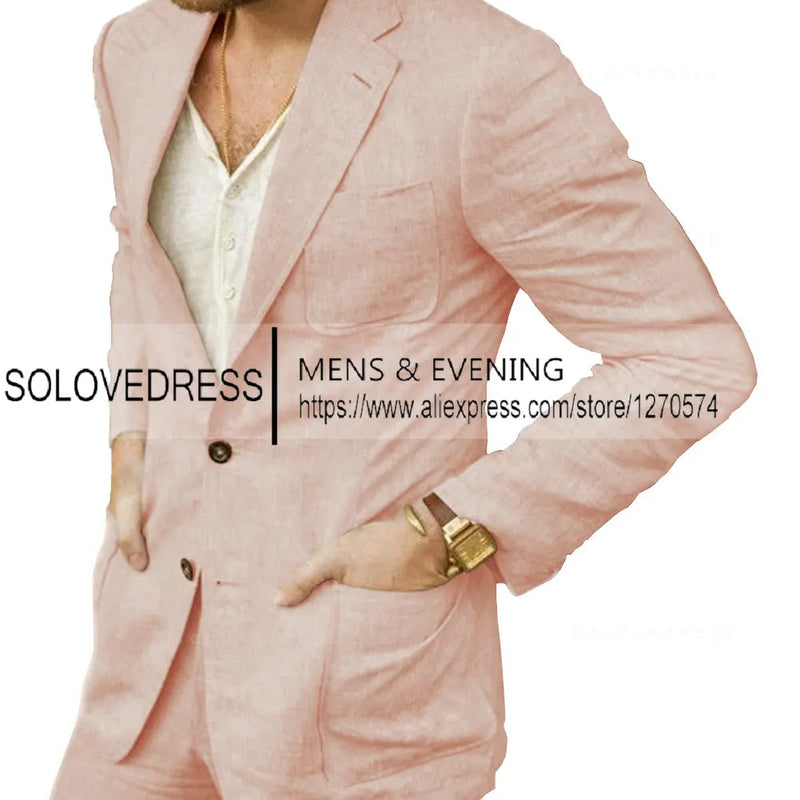 Summer Linen Suit Men Casual Party Classic Blazer Pants 2 Pieces Holiday Travel Tailor-made Breathable Cool Male Outfits