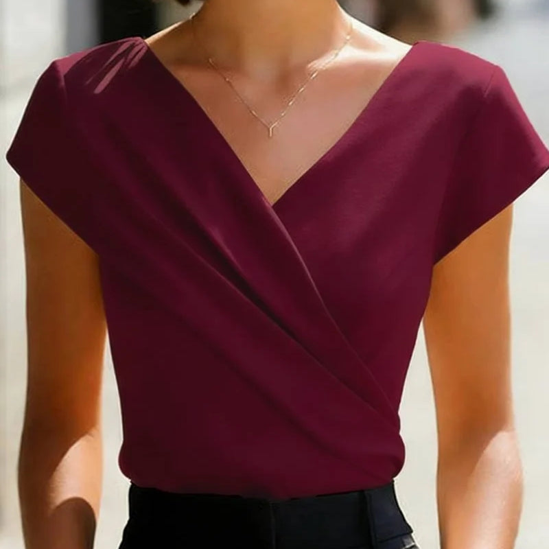 Women Elegant V Neck Cross Wrap Blouse Short Sleeve - View 6 | SAMAG