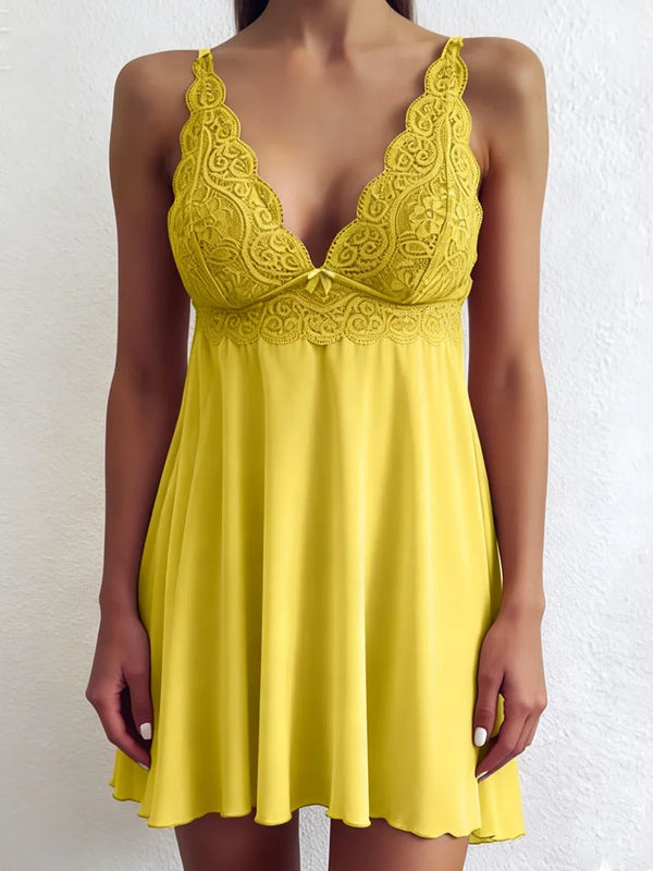Floral Lace Split Sexy Babydoll Semi-sheer Deep V Bow Ruffle Dress and Panties Underwear Sets Women's Erotic Lingerie Nightgown