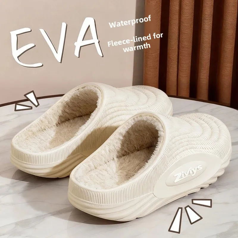 2025 New Men's Thick Bottom Waterproof Non-Slip Warm Home Outdoor Wear Fleece Lined Couple Cotton Slippers Winter EVA