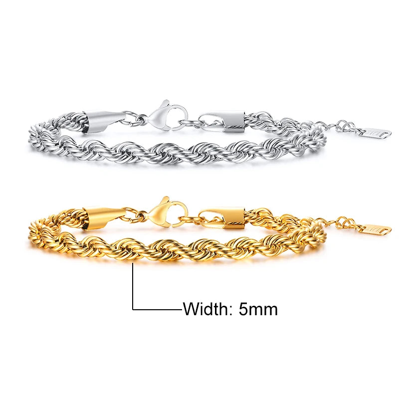 Vnox Unisex Rope Chain Bracelets for Men Women, Stainless Steel Twisted Links Chain Bracelet,Simple Classic Jewelry Gift for Him