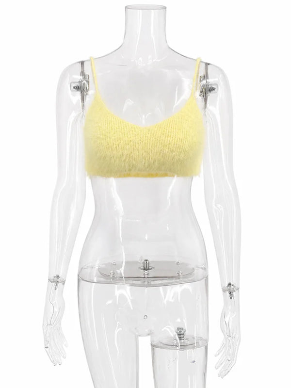Tossy Crop Top Women Camisole Spaghetti Strap Scoop Neck Fuzzy Knit Party Club Sleeveless Slim Fit Spring Summer Y2K Casual Top