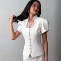 Women V Neck Puff Sleeve Cropped Blouse Button Slim - View 3 | SAMAG