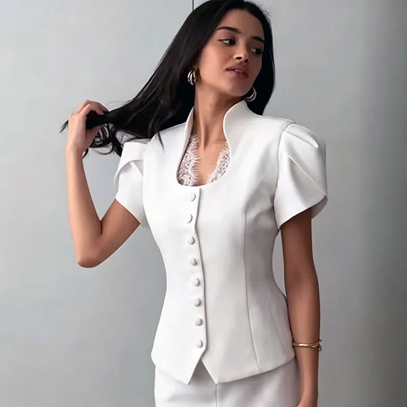 Women V Neck Puff Sleeve Cropped Blouse Button Slim - View 3 | SAMAG