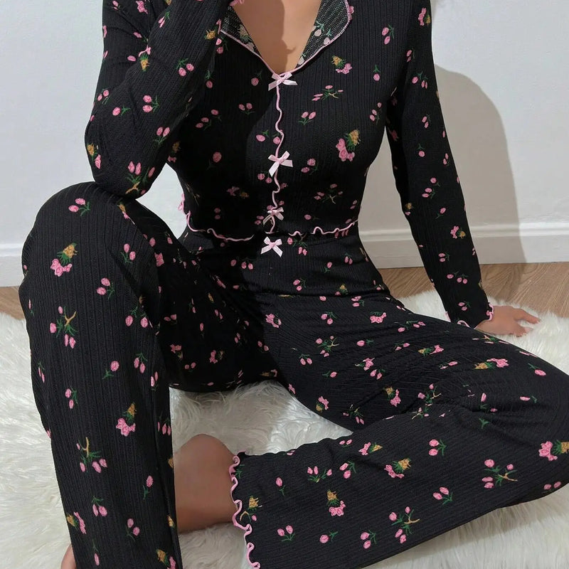 Y2K Cute Floral Ribbed Pajama Set Women's Long Sleeve V | SAMAG