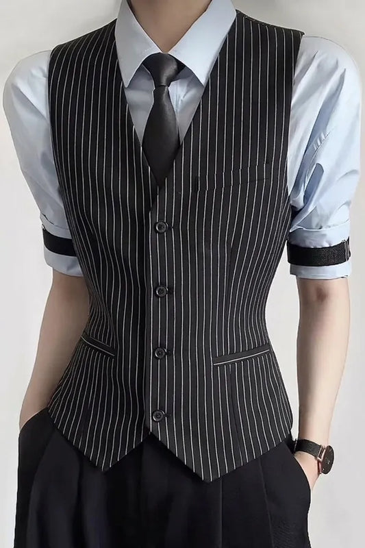 Classic Striped Suit Vest for Men V-neck Bar KTV Bartender Vest Slim Fit Casual Business Wedding Groom Social Uniform Waistcoat