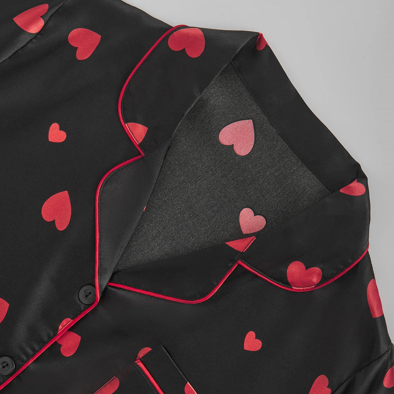 Women's Satin Silk Pajama Set Black Red Heart Print Short | SAMAG