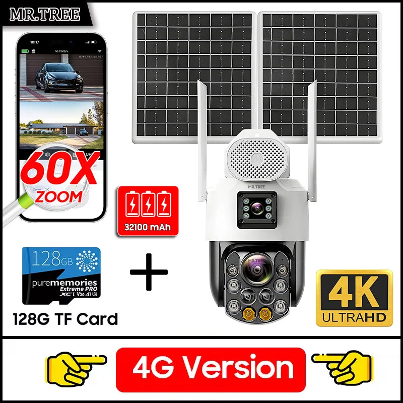 4G SIM Solar Camera AOV 24 Hours Record Built-in 31200 MAh Battery Outdoor Surveillance 60X Zoom Cam Auto Track 25W Solar Panel