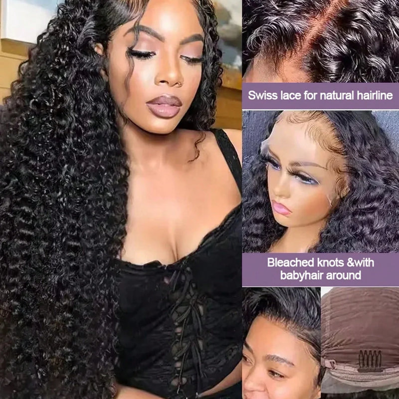 40 Inch Natural Black Water Deep Wave Human Hair Wigs For Women, 13x4 13x6 HD Transparent Lace Frontal Wig 200 Density Pre Plucked Glueless Lace Front Wig
