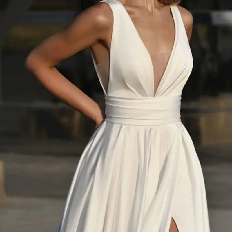 Customized Simple A - Line Wedding Dress Satin Side Slit - View 3 | SAMAG