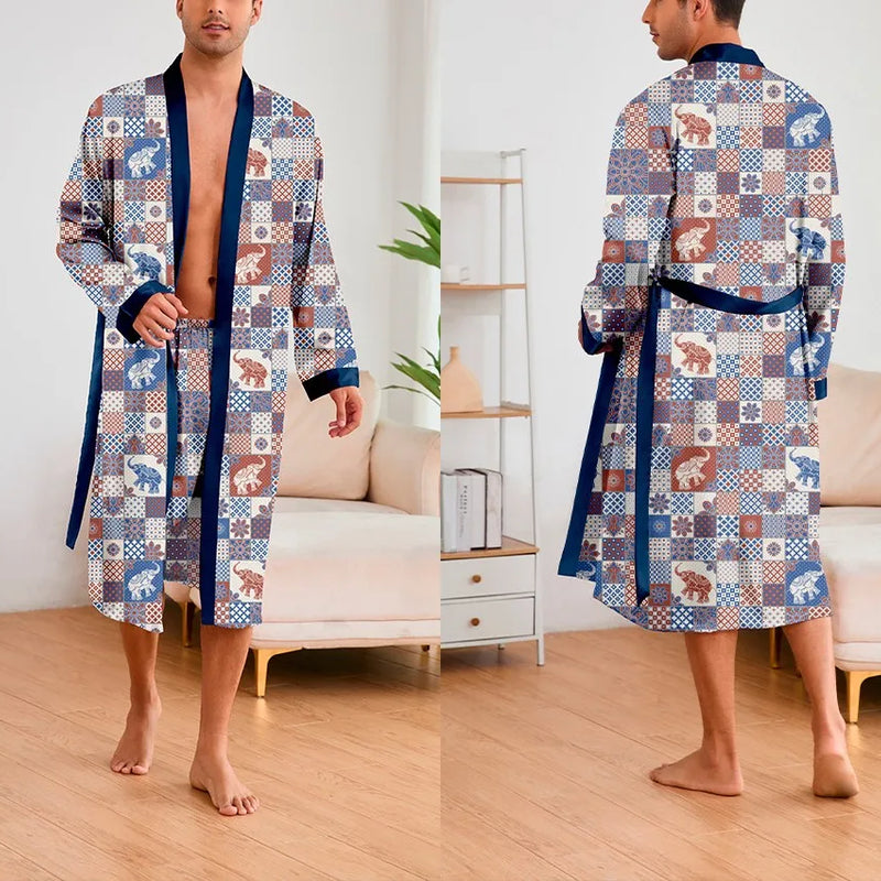Men's Ice Silk Sleepwear Two-piece Set Kimono Bathrobe Gown Long Robe Pajamas Set Print Tiger Loose Casual Homewear Lounge Wear