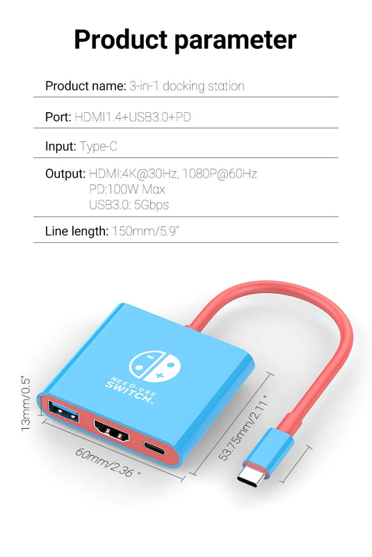 3-in-1 USB C to HDMI 4K HUB Type C Adapter Thunderbolt 3/4 100W PD USB 3.0 Docking Station for Switch MacBook Laptop Phone