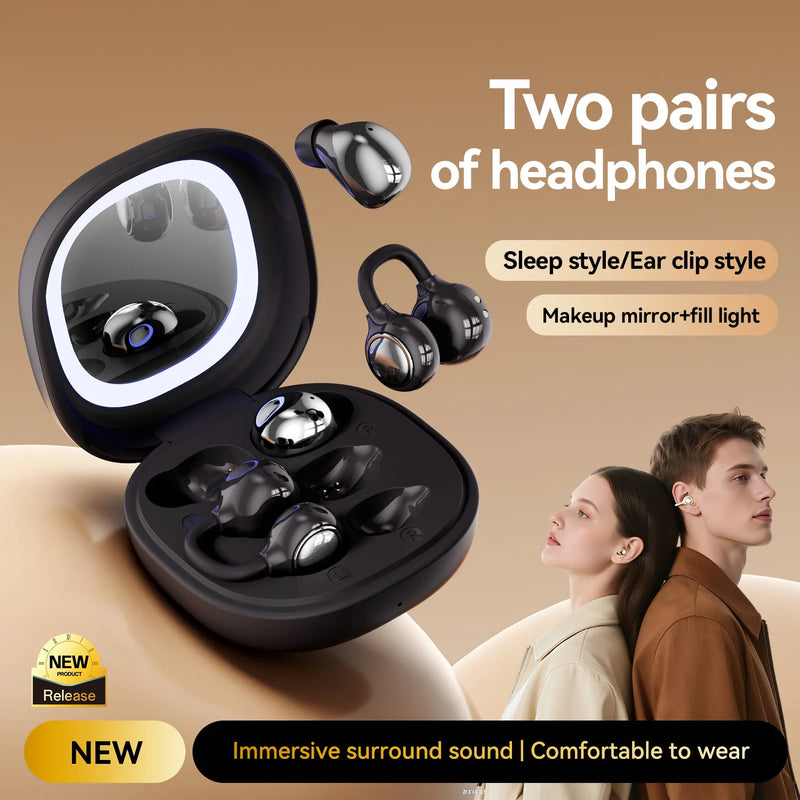 Bluetooth Headphones with Makeup Mirror Case, 48H Audífonos AI Noise Reduction, Open-Ear Earphones for Sports & Sleep