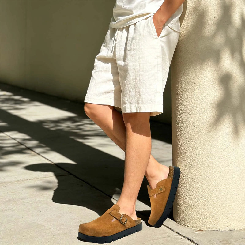 Chunky Platform Suede Leather Clogs Cork Arch Support Adjustable Buckle Non-Slip Mules For Women & Men