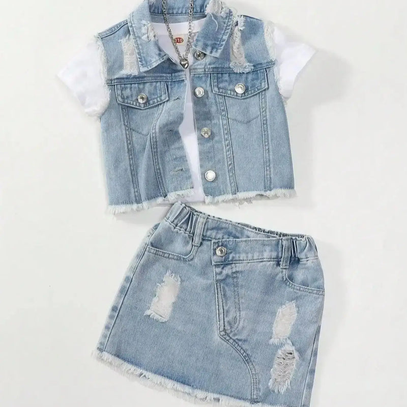 Girls Casual Style Sleeveless Top with Distressed Denim | SAMAG