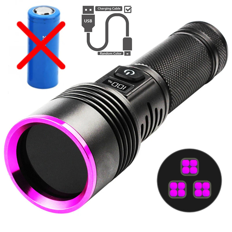 High Power Black Mirror Purple Light Detection Torch Powerful 365NM UV Flashlight Type-C USB Rechargeable LED Ultraviolet Lamp