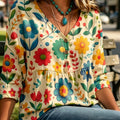 V Neck 3/4 Sleeve Babydoll Blouse Women Colorful Floral Peplum Top Casual Loose Chiffon Shirt for Daily Outdoor Park Wear
