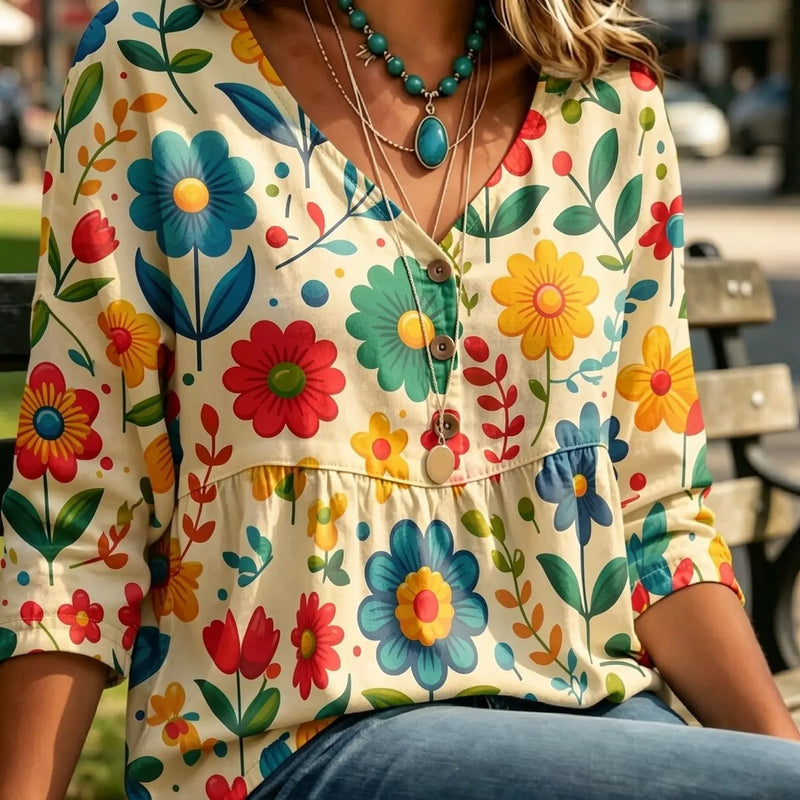 V Neck 3/4 Sleeve Babydoll Blouse Women Colorful Floral Peplum Top Casual Loose Chiffon Shirt for Daily Outdoor Park Wear