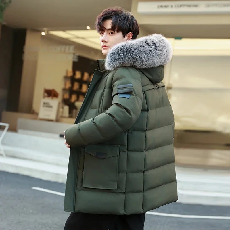 Men's Outdoor High-quality Windproof Breathable Thick Padded Down Winter Thick Windproof Warm with Hat Long Cotton Goose Down