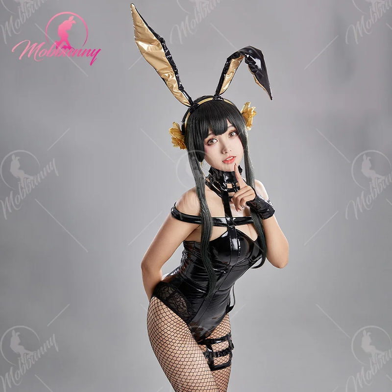 MOBBUNNY Yor Cosplay Costume Bunny Girl Lingerie Deep V Bodysuit with Headband and Gloves for Halloween