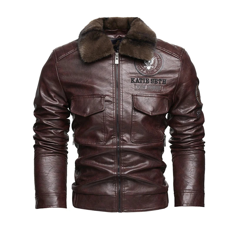 Winter Men's Warm PU Leather Jackets Fashion Men Retro Fur Collar Motorcycle Jacket Men Windbreaker PU Leather Coats Clothing